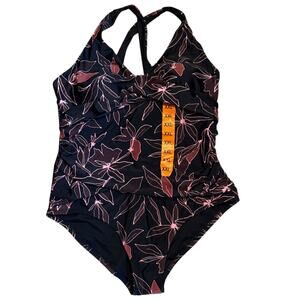 Eddie Bauer Black Floral Built In Bra One Piece Swimsuit Size XXL